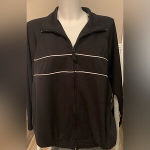 John Blair zip up black jacket with white piping. Large but fits like medium.